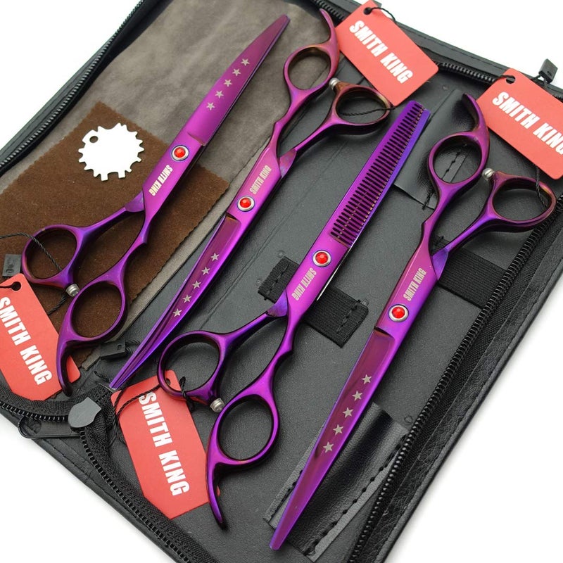 Smithking 7.0in Professional Pet Grooming Scissors set,Straight & Thinning & Curved scissors 4pcs set for Dog grooming (Violet) - Image 2